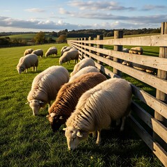 Sheep Grazing in a Green Field Near Wooden Fence.