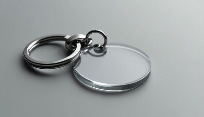 Clear round acrylic keychain with metal ring attachment lies on gray background. Use blank mockup for custom designs, branding, DIY projects. Perfect for adding personalized touches to keys bags.