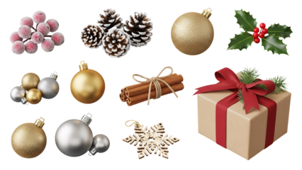 Christmas ornaments and gift box decorative arrangement.