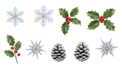 Collection of Christmas Holiday Elements Including Snowflakes Holly and Pine Cones.