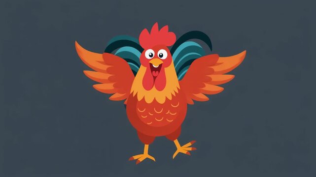 Vibrant cartoon rooster with outstretched wings and cheerful expression.