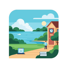 Fototapeta premium Peaceful Lakeside Home with Laptop and Books, Remote Work Scene