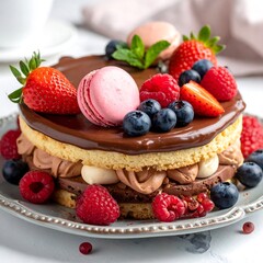 A luscious layer cake with chocolate glaze, macarons, and fresh berries on a decorative plate, beautifully arranged