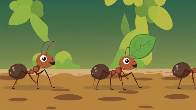 Cartoon ants marching in a line on the ground.