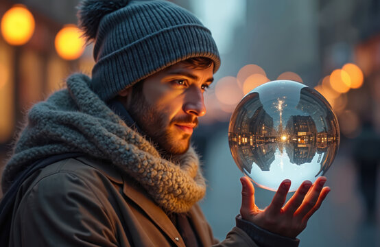 Man wears beanie scarf. Holds crystal sphere with city reflection. Looks to future, dreams, hope. Urban setting bokeh lights. Thinking man wants to know.