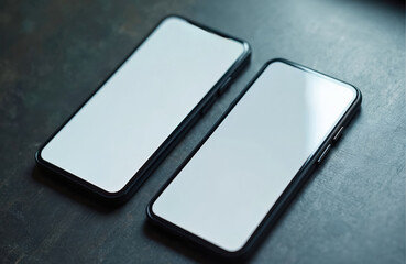 Two smartphones with blank white screens sit side by side on a dark textured surface. These modern mobile devices are ideal for mockups, app presentations, or tech reviews.