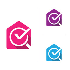This is a flat logo design that depicts a house shape with a magnifying glass and a check mark on the center. The logo looks clean in flat color on a white background.	