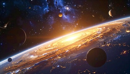 A vibrant galaxy with many planets and stars, lit by an immense cosmic sun above the curved planetary body