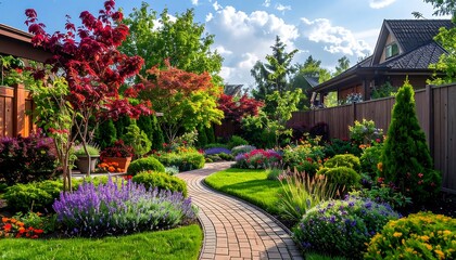 A lush, manicured garden with vibrant flowers and brick path, surrounded by trees and houses under a partly cloudy sky