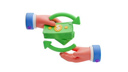 3D Money Transfer Between Hands with Arrows on transparent background