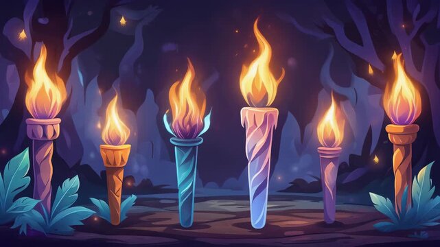Five colorful torches lit in a mystical forest setting.