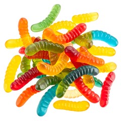 A pile of colorful, gelatinous gummy worms on a white background, showcasing various shades and translucence