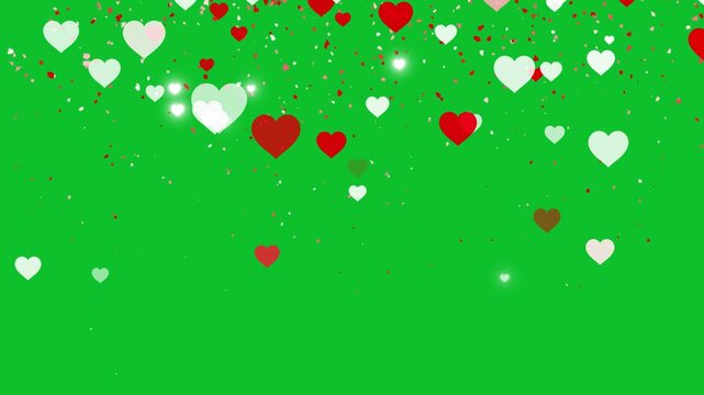Romantic Happy Valentines day animation on green screen background with flying hearts and dust particle. love and passion 14 February and anniversary design concept. 