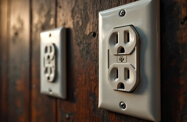 Close up of two electrical outlets mounted on rustic wooden wall. One outlet appears to be standard duplex type, while other, closer to viewer, is GFCI outlet with test and reset button.
