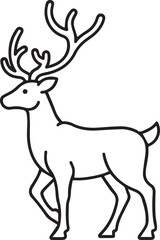 A minimalist black and white line art vector of a reindeer with large antlers, captured in a graceful walking pose. The clean, thin outlines make it ideal for festive holiday designs.