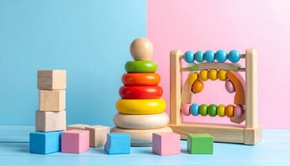 Colorful wooden toys arranged on a pastel blue and pink backdrop, promoting learning