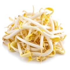 A pile of fresh, pale yellow and white bean sprouts arranged on a stark white background in an eye-level close-up shot