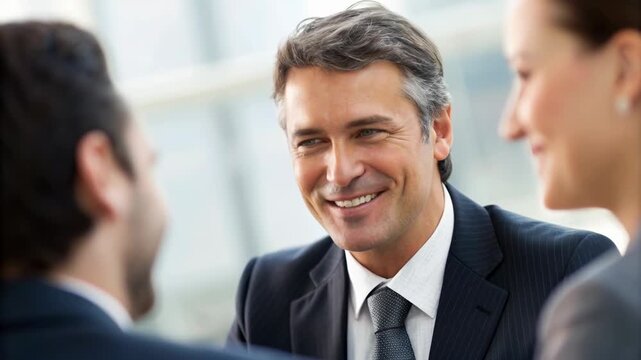 Smiling businessman in suit and tie conversing with colleagues in office meeting showing professional smile confident friendly expression