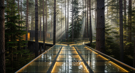 A contemporary glass bridge with integrated lighting winds through a dense pine forest as sunlight filters through the trees.