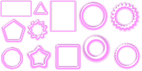 A collection of various pink neon glow outlined geometric and abstract shapes on a white background, including circles, squares, triangles, and stars.