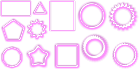 A collection of various pink neon glow outlined geometric and abstract shapes on a white background, including circles, squares, triangles, and stars.