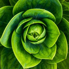 Fototapeta premium A vibrant green plant is arranged concentrically, presenting a symmetric, organic design pattern