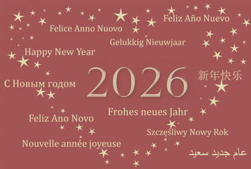 Der Schriftzug Frohes neues Jahr 2026 in verschiedenen Sprachen
