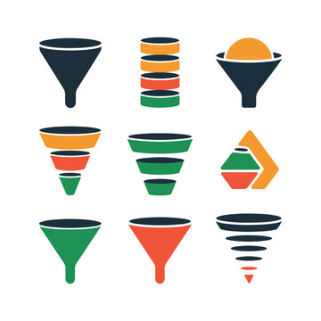 Collection of nine funnel icons in dark blue orange and green data