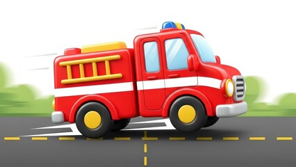 Vibrant 3D Cartoon Fire Truck Speeding Down a Road with Motion Blur, Emergency Vehicle Illustration.