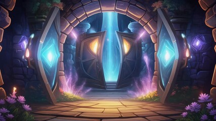 Mystical stone archway with glowing blue portals and purple flowers.