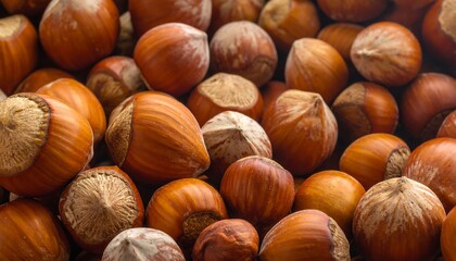 A pile of hazelnuts, showing their brown shells and textured surfaces in a close-up, detailed view