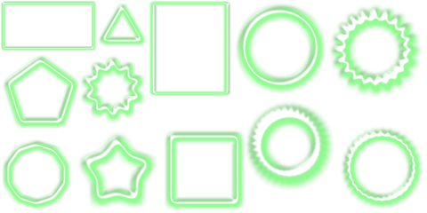 A collection of various green outlined geometric shapes and frames on a white background, including circles, squares, stars, and polygons.
