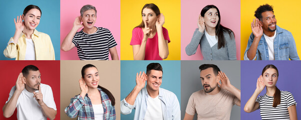Obraz premium Hearing health. People holding hands near ears on colorful backgrounds, set