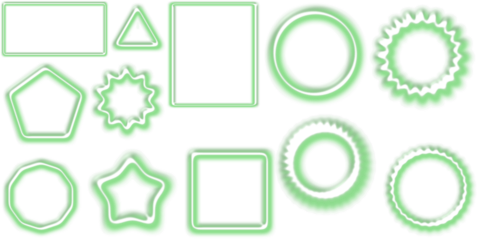 A collection of various green outlined geometric shapes and decorative frames with a glowing effect on a white background.