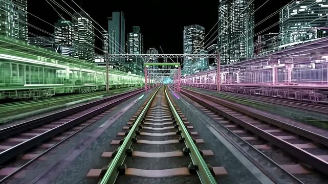 Futuristic train tracks in a vibrant, neon-lit urban landscape at night, showcasing modern city infrastructure and transportation.