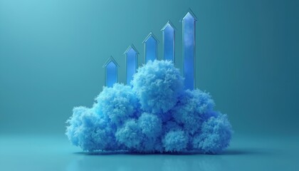 Blue cloud with upward pointing arrows. Represents data upload, tech growth, digital progress, and cloud computing advancement. Abstract concept of digital transformation.