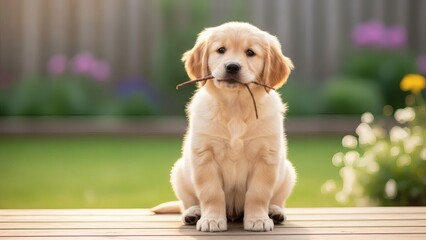 Adorable golden retriever puppy sitting on wooden deck holding stick in mouth cheerful outdoor