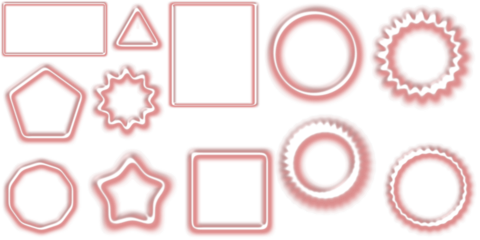 A collection of various red-outlined geometric and abstract shapes with shadow effects on a white background, including rectangles, circles, stars, and polygons.