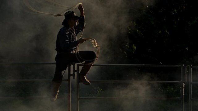 A cowboy sitting on a corral fence skillfully spinning a lasso in dusty morning light