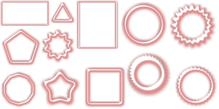 A collection of various red-outlined geometric and abstract shapes with shadow effects on a white background, including rectangles, circles, stars, and polygons. - Powered by Adobe