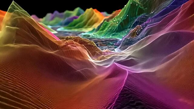 Abstract digital landscape with colorful wireframe mountains and valleys, representing data visualization or futuristic terrain.