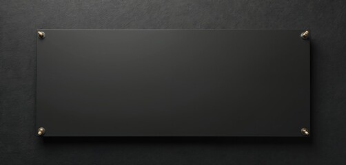 Black rectangular signboard attached with metal screws on textured dark wall. Blank surface provides copy space for custom text logo. Minimalist design for corporate personal branding. Modern, chic,