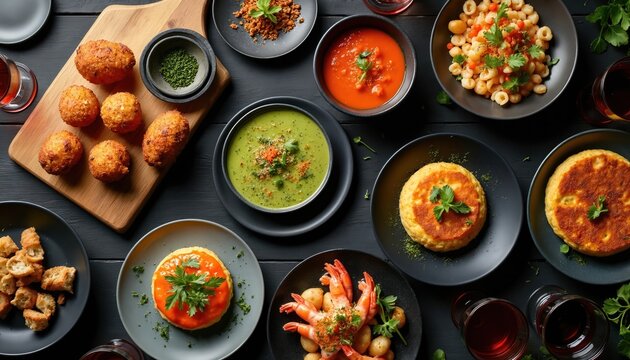 Assortment of tapas dishes including fried balls, shrimp, and soups. Food arranged artfully on dark surface, ready for a delightful spanish meal experience. Served with drinks.