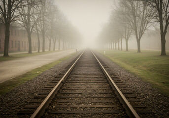 Obraz premium Empty railway tracks leading into Auschwitz, foggy atmosphere, historical photography style - 1