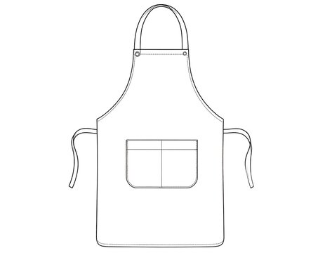 Line drawing of a kitchen apron featuring a neck loop, waist ties, and a dual-pocket design. It's rendered in simple black and white