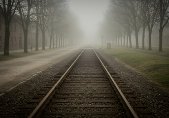 Fototapeta premium Empty railway tracks leading into Auschwitz, foggy atmosphere, historical photography style