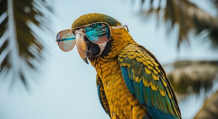A cool blue and gold macaw parrot wearing sunglasses on a tropical island.