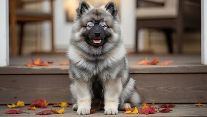 Adorable fluffy puppy with colored autumn leaves scattered around on porch showcasing playfulness