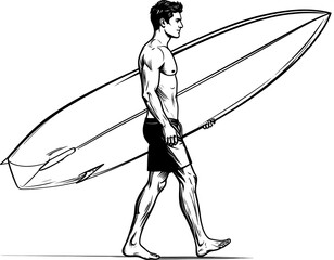 Line drawing of a muscular man in swim trunks carrying a surfboard while walking in profile