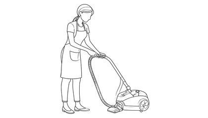 Line drawing of a person in an apron, vacuuming. A cleaning lady stands beside a wheeled vacuum cleaner